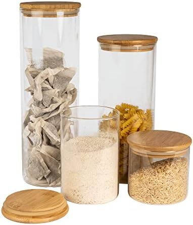 Set of 4 Glass Storage Jars with Bamboo Lids | Airtight Food Storage | Glass Containers | Kitchen... | Amazon (UK)
