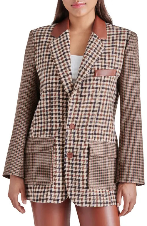 Steve Madden Carolina Houndstooth Check Faux Leather Trim Blazer in Brown Plaid at Nordstrom, Siz... | Nordstrom