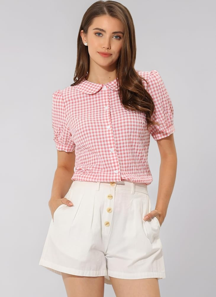 Allegra K Women's Plaid Blouse Puff Short Sleeve Gingham Peter Pan Collar Button Down Shirt | Amazon (UK)