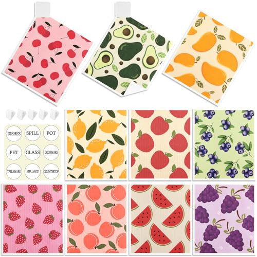 10 Pack Swedish Dishcloths for Kitchen- Reusable Paper Towels Washable Swedish Cloths Fruit Prints Dish Wipes with Adhesive Clips- Super Absorbent Fast Drying Kitchen Sponge for Cleaning Dishes | Amazon (US)