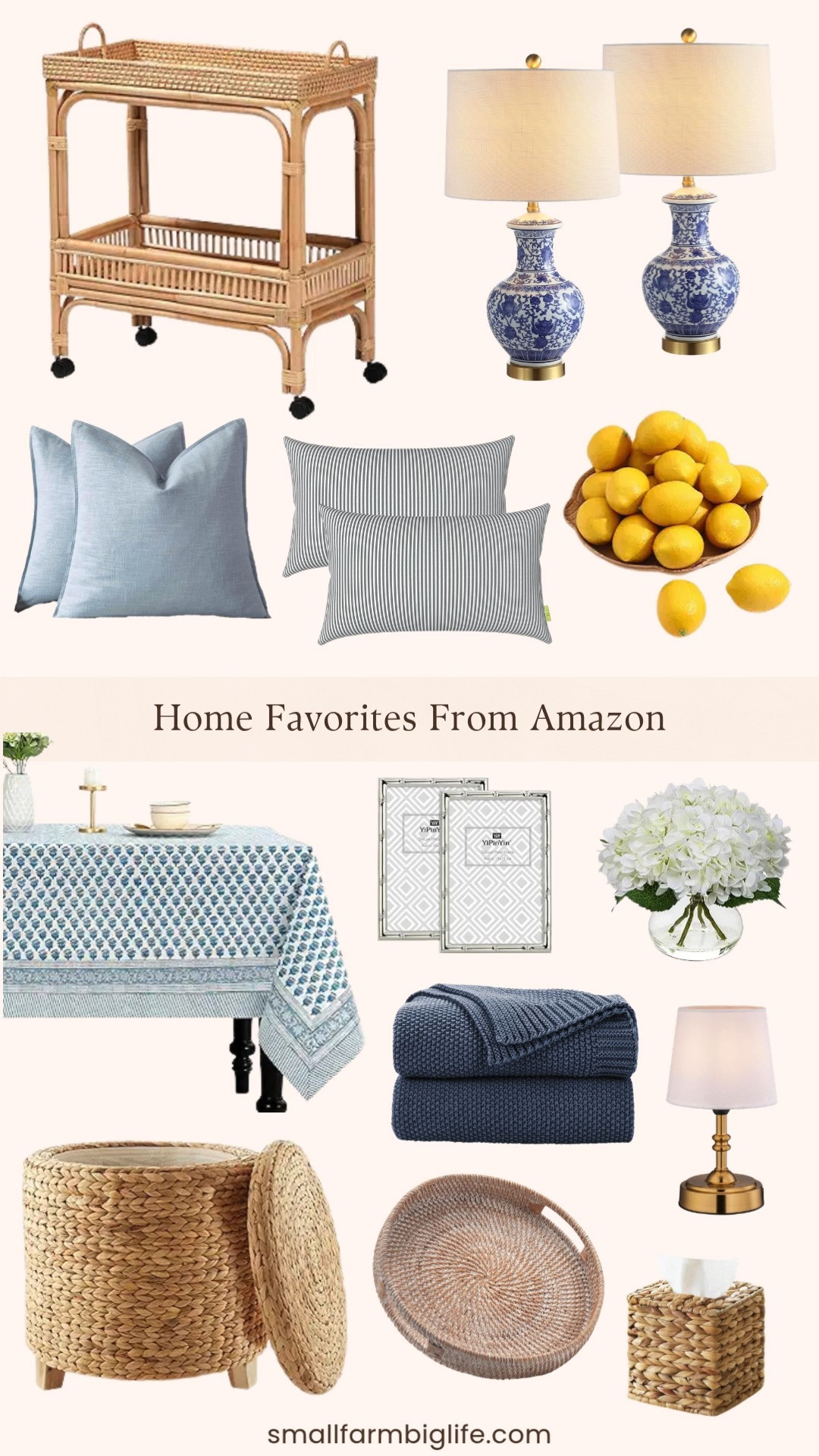 These pieces are perfect for adding warmth and texture to any room this summer. The blue and white ceramic ginger jar lamps and the rattan wine cart are such pretty statement pieces, and the woven storage ottoman and wicker tissue box holder add that natural texture I love so much. The block print table cover and artificial lemons are an easy way to bring a fresh, collected look to your kitchen table, and the linen throw pillow covers and navy knit throw blanket are perfect for cozying up a living room even in summer. The bamboo detail picture frames and cordless table lamp round out this list beautifully. Tap to shop! 

 #LTKHome #LTKSaleAlert