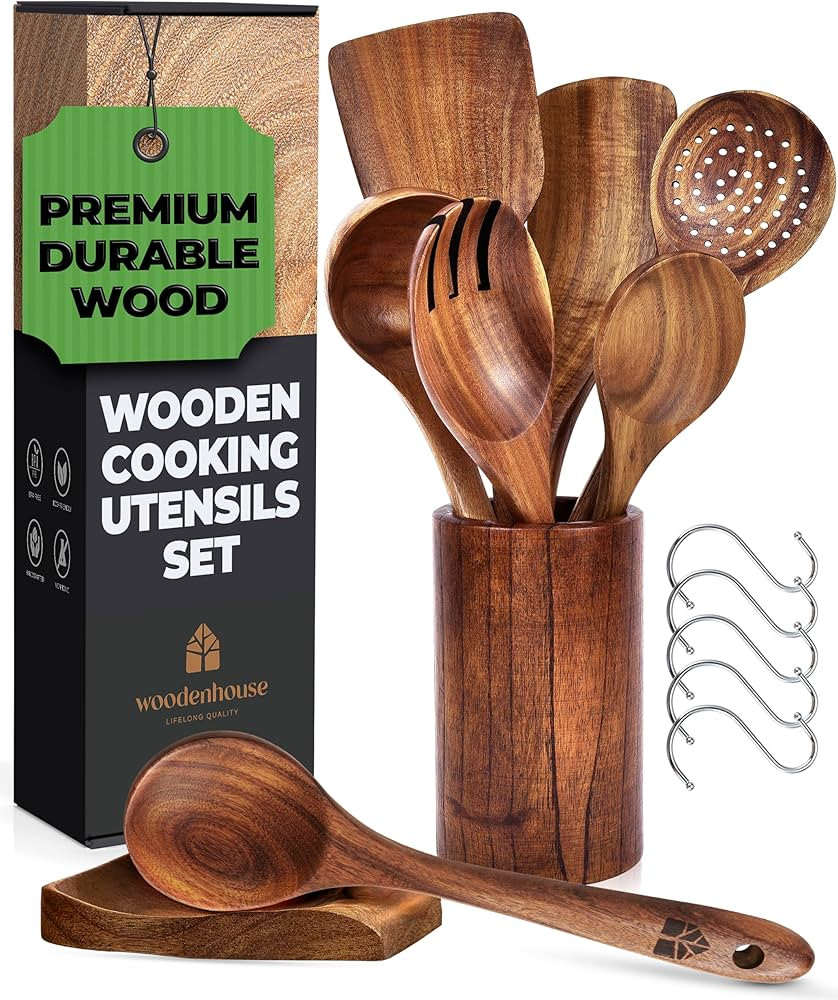 Wooden Spoons for Cooking, Wooden Cooking Utensils Set, Wooden Utensil Set with Holder, Spoon Res... | Amazon (US)