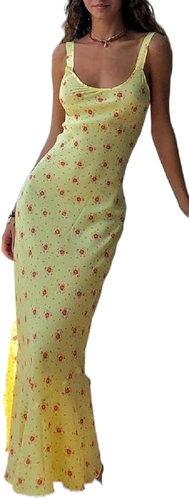 Floral Print Spaghetti Strap Bodycon Maxi Dress Low Cut Backless Fishtail Slip Dress Elegant Y2K ... | Amazon (US)
