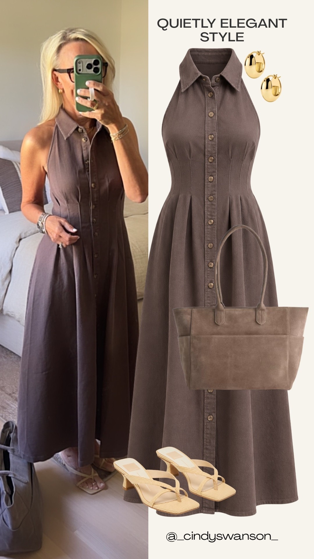 OMG - this dress is currently 30% off!! 
This sleeveless chocolate-brown shirt dress is such a beautiful example of understated, timeless style. I love the tailored waist and easy midi length paired with neutral sandals and a taupe suede tote—it feels polished enough for lunch or dinner while still being wonderfully simple.

The bag here is currently low in stock, so I also added a similar option to the collage for you.

#LTKootd #LTKOver40 #LTKgrwm