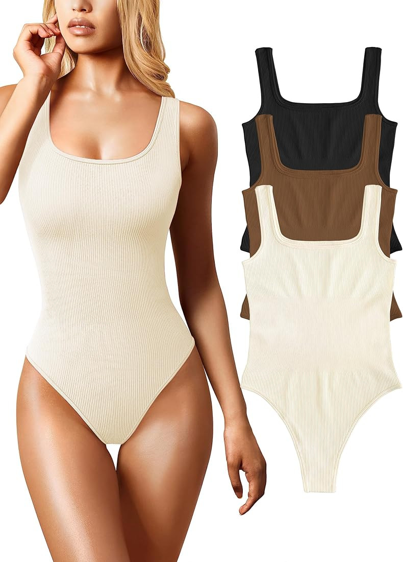 Women's Sexy Ribbed Sleeveless Adjustable Spaghetti Strap Stretchy Shapewear Bodysuits | Amazon (US)