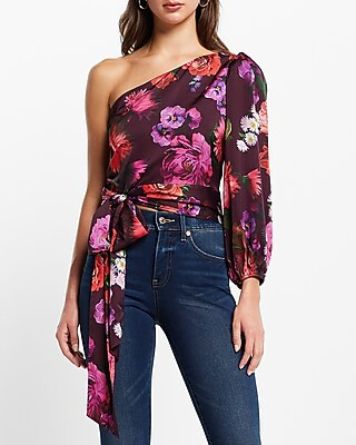Satin Floral One Shoulder Tie Waist Top | Express