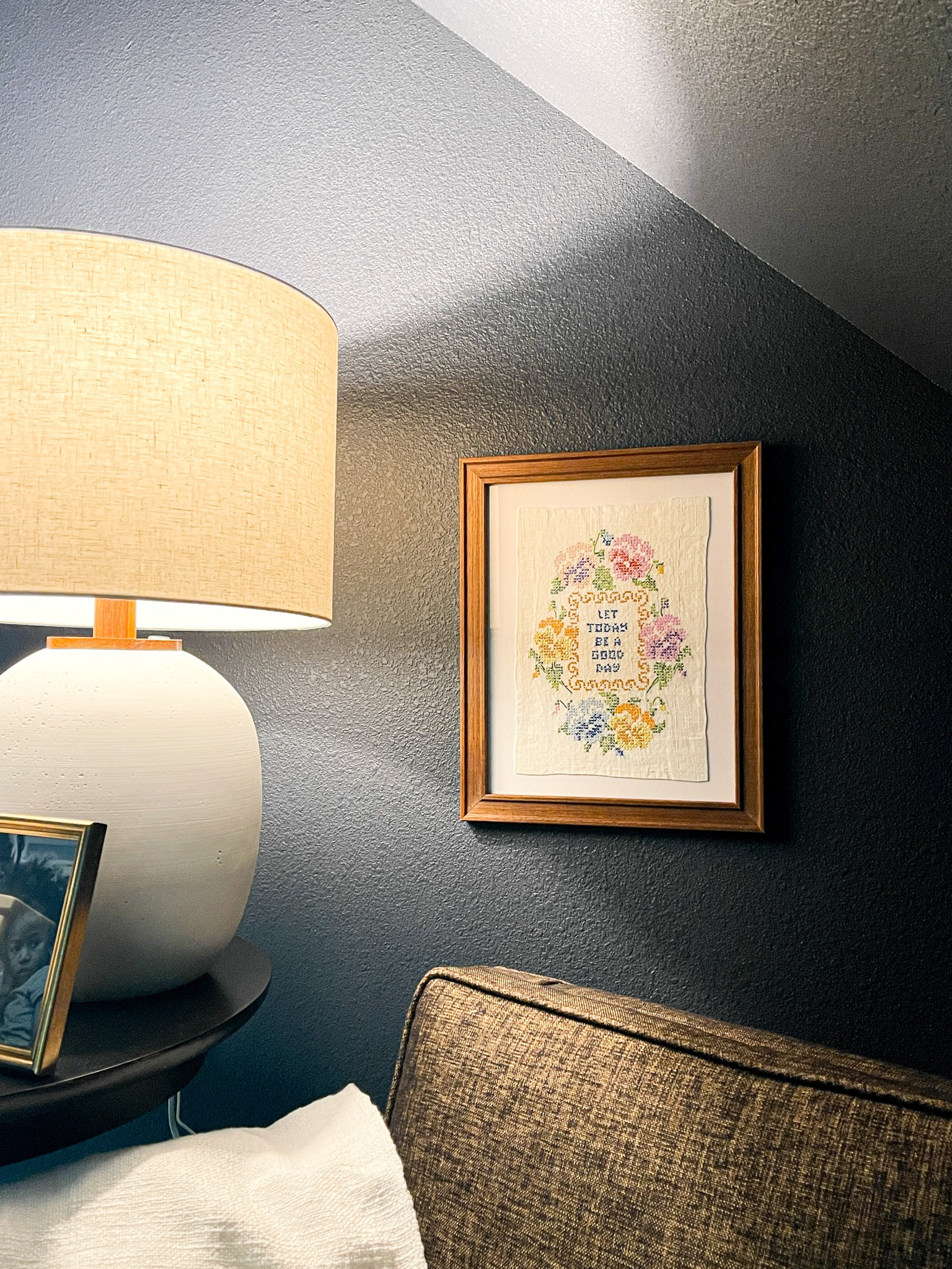 Large table lamp, cozy throw blanket, gold picture frame, medium toned brown wood matted wall art frame. Transitional home decor, moody decor.



#LTKhome #LTKunder50