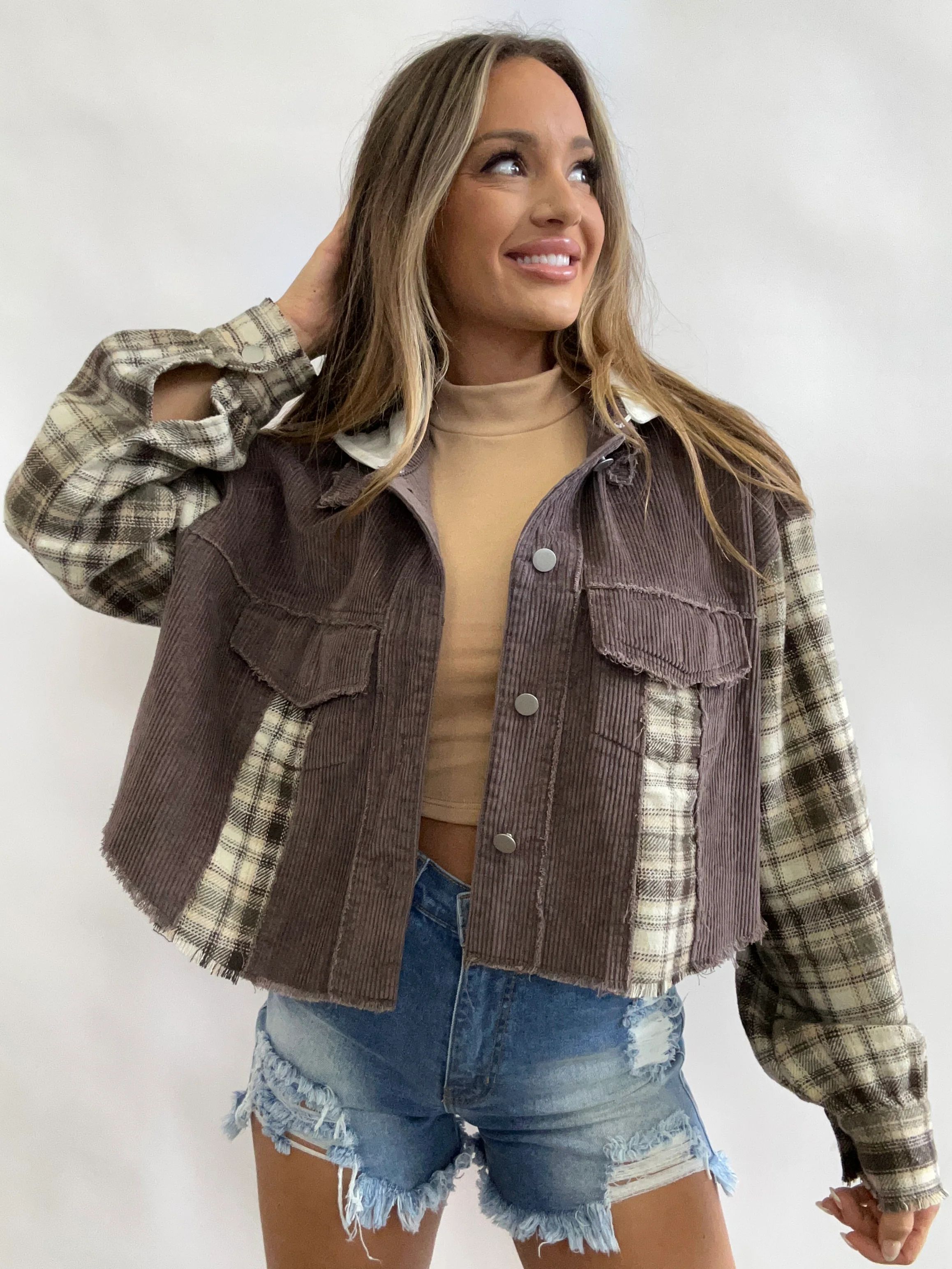 Fall Leaves Plaid Cropped Shacket | Willow Boutique
