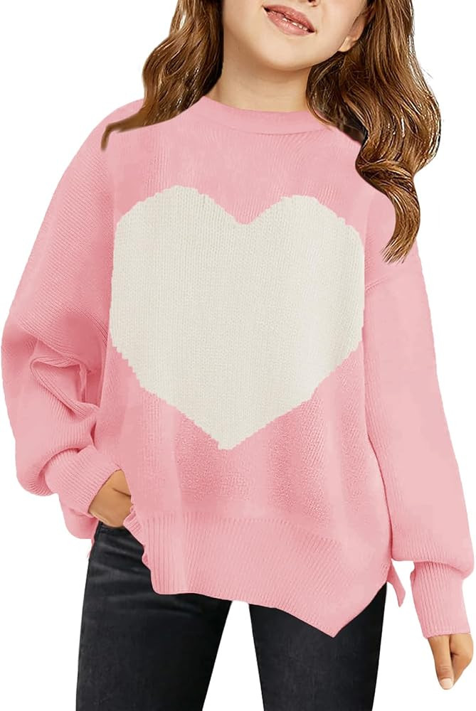 Haloumoning Girls Oversized Sweaters Kids Fashion Heart Batwing Sleeve Ribbed Knit Side Slit Pull... | Amazon (US)