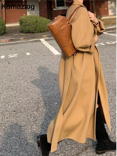 Casaco longo de lã feminino com cinto, sobretudo elegante feminino, manga comprida, monocromáti... | Aliexpress BR (BR)