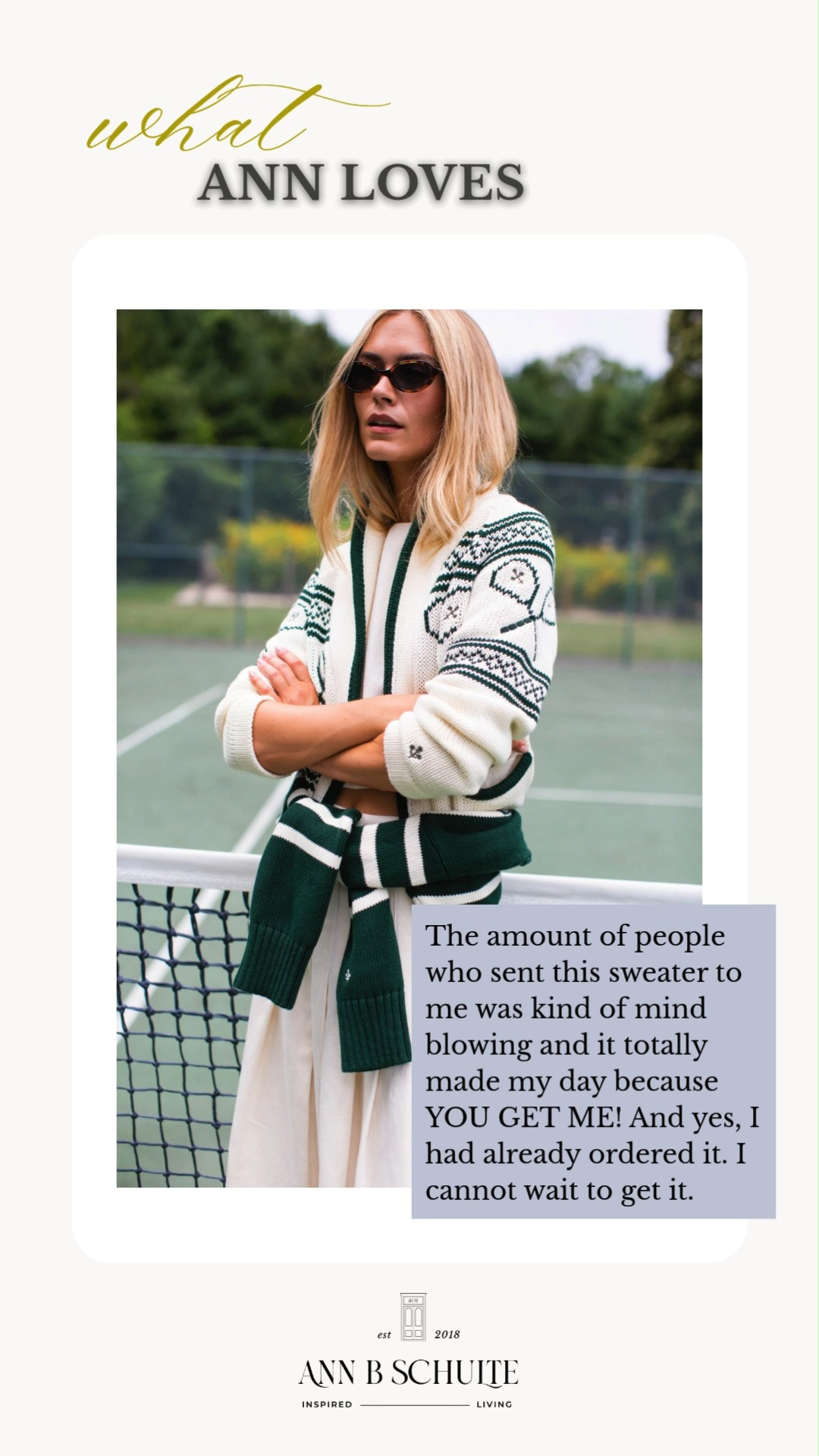 The sweater that apparently needed its own fan club because so many of you sent it my way 😂 I had already ordered it, but seeing everyone else obsessed with it too made me even more excited. I love the classic cream and green pattern, and it’s giving major country club energy in the best possible way. 🍀🎾🤍

#FallSweater #GreenAndCream #PreppyStyle #PreppySweater #FallFashion #TennisStyle #ClassicStyle #CozySweater #FallOutfitIdeas 

 #LTKootd