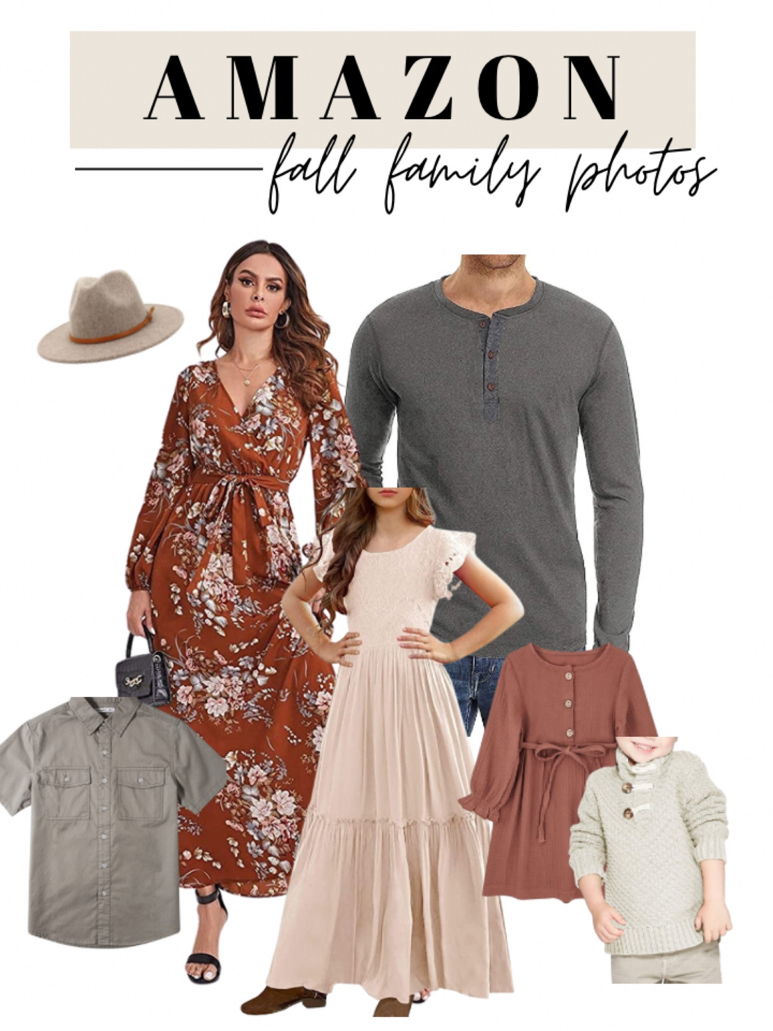 Amazon family photo outfit ideas for fall pictures 🍁 

Womens fall floral dress, mens dark gray henley long sleeve, girls long dress, boy cream sweater

#LTKstyletip #LTKkids #LTKfamily