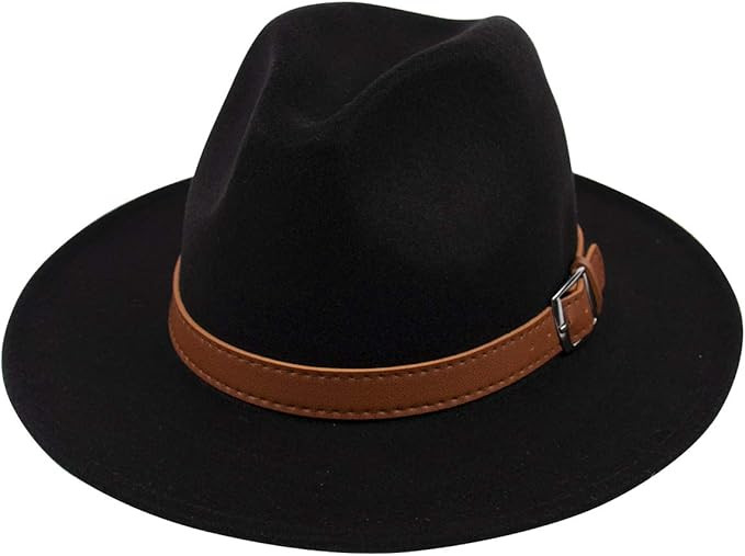Lanzom Womens Classic Wide Brim Floppy Panama Hat Belt Buckle Wool Fedora Hat | Amazon (US)