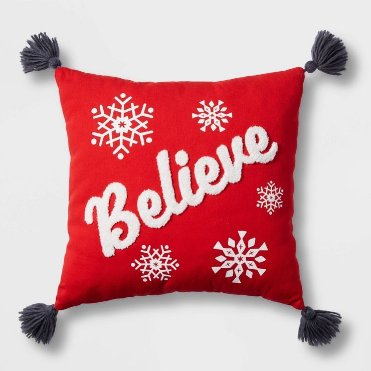 Reversible 'Believe'/Striped Decorative Pillow with Black Tassels Red/White - Wondershop™ | Target