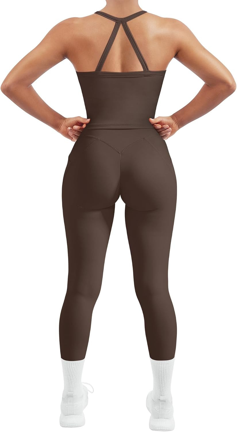 SUUKSESS Women 2 Piece Workout Sets Compression Tummy Control Leggings with Pockets Halter Built in Bra Tank Tops | Amazon (US)