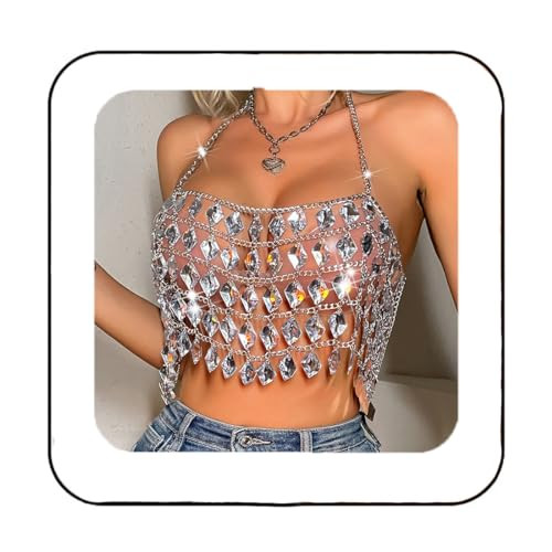 Aukmla Rhinestones Bra Chain Top Silver Halter Crystal Chest Body Chains Beach Bikini Nightclub Crop Tops for Women | Amazon (US)
