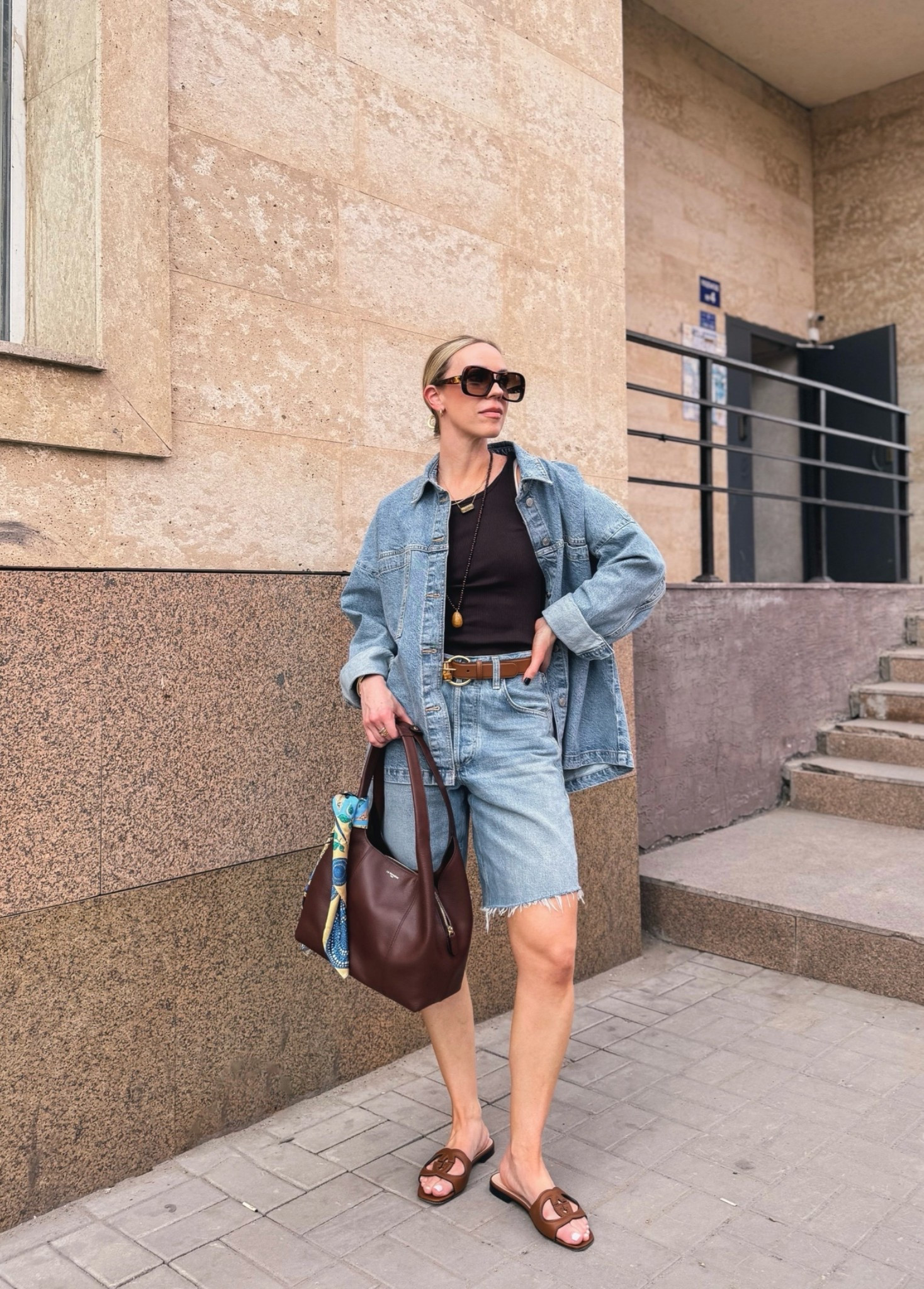 Denim on denim summer outfit, all denim look, denim bermuda shorts, beaded pendant necklace, Gucci sandals, Le Tanneur handbag (on sale now!)

#LTKSaleAlert #LTKSeasonal #LTKOver40