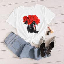 Plus Floral And Lipstick Graphic Tee | SHEIN
