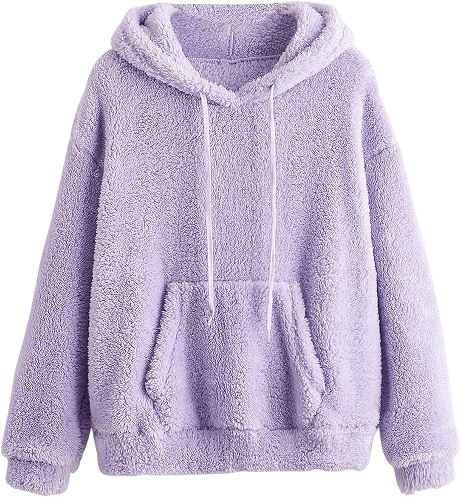 SweatyRocks Women's Long Sleeve Color Block Pullover Sweatshirt Fuzzy Fleece Hooded Tops | Amazon (US)