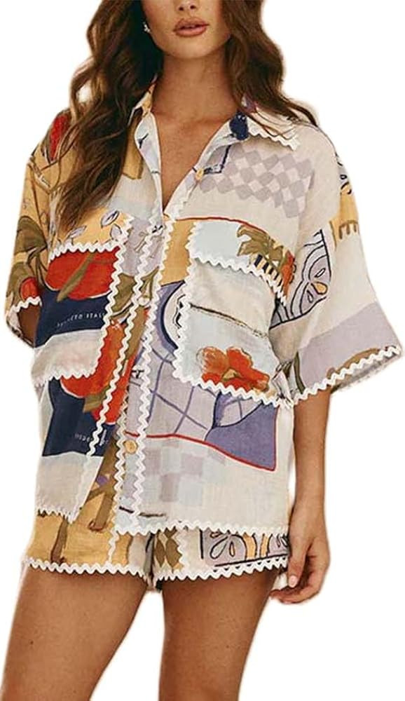 Yiulangde Women's 2 Piece Vacation Beach Outfits Casual Short Sleeve Button Pajamas Going Out Lou... | Amazon (US)