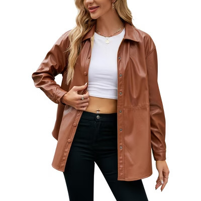 Women Faux Leather Shacket Moto Biker Shirts Loose Fit Blazer Long Sleeves Button Casual Jacket Brown M | Target