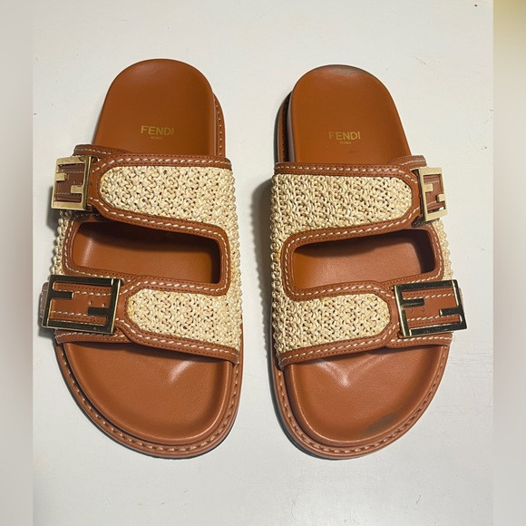 Fendi Black Soles with Natural Raffia and Tan Leather Slide Sandals | Poshmark