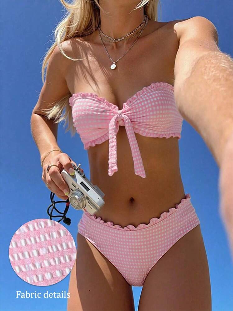 Swim Mod Women's Beach Outfit, Textured Pink & White Plaid Fabric, Ruffle Trim, Detachable Strap Bandeau Design, Fashionable & Sweet Casual Resort Swimsuit Set Summer | SHEIN