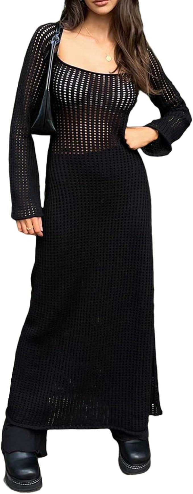 Women's Long Sleeve Hollow Out Backless Maxi Dress Crochet Knitted Y2k Cut Out Bodycon Long Dress | Amazon (US)