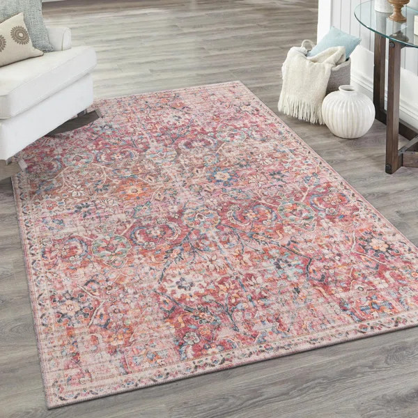 Machine Washable Engelhardt Floral Area Rug in Ivory/Pink | Wayfair North America