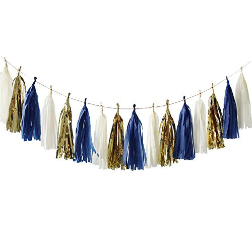 Nicrolandee 15 Pcs Navy Blue Tissue Paper Tassel Garland Gold Foil Art Party Garland for Wedding Eng | Amazon (US)