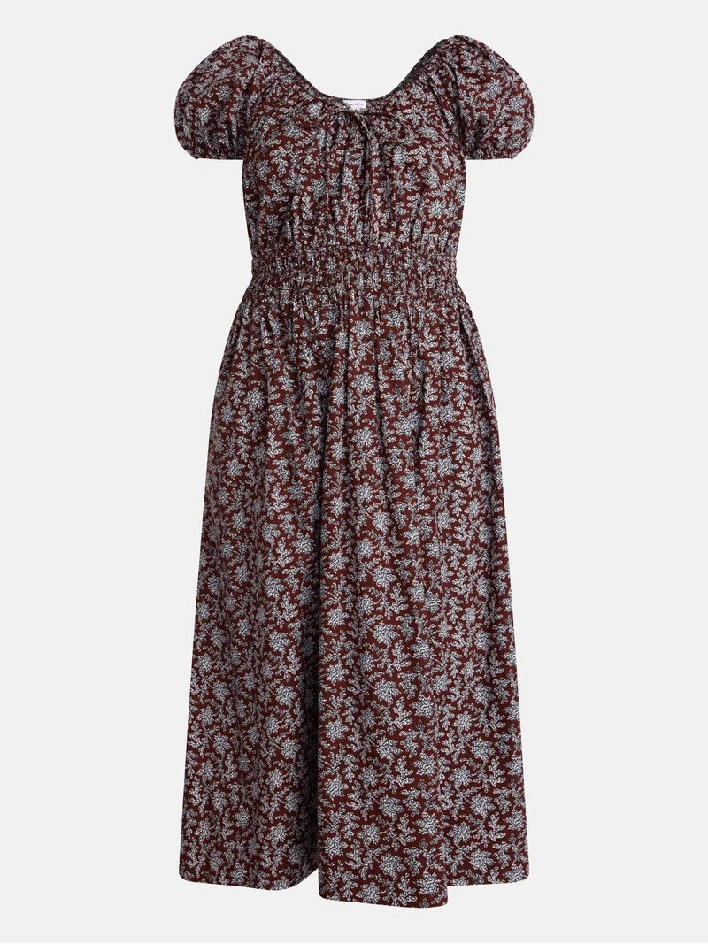 Scenario Women's and Women's Plus Smocked Waist Peasant Midi Dress with Puff Sleeves, Sizes XS-4X | Walmart (US)