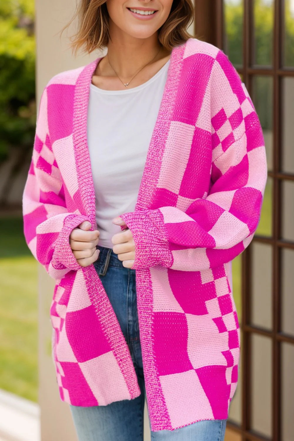 Checkered Open Front Long Sleeve Cardigan Hot Pink / S | Casual Chic Boutique