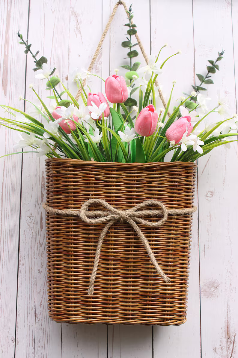 Door Basket With Artificial Flowers. Wall Wicker Basket for | Etsy | Etsy (US)
