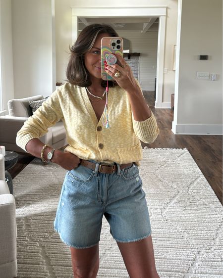 KRISTINA20 20% off JCrew factory! Easy outfit for summer! In S sweater and 26 denim shorts! I wanted them to fit loose but I love that they have NO BACK GAP!!! 26 is one size up from my normal. I would not size up unless you are someone who needs extra room in 🍑 and thighs!

#LTKFindsUnder50 #LTKSaleAlert #LTKFindsUnder100