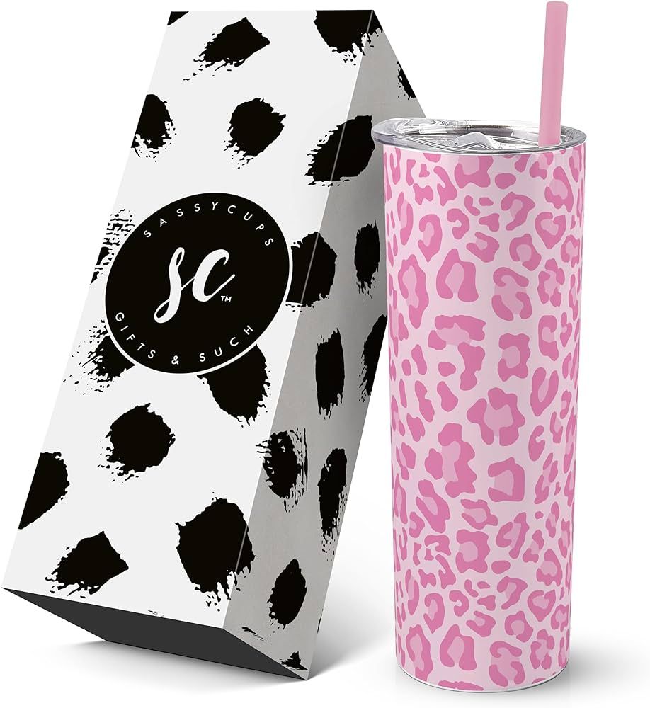 Leopard Print Vacuum Insulated Stainless Steel Skinny Tumbler with Straw - Coffee Mug with Lid, T... | Amazon (US)