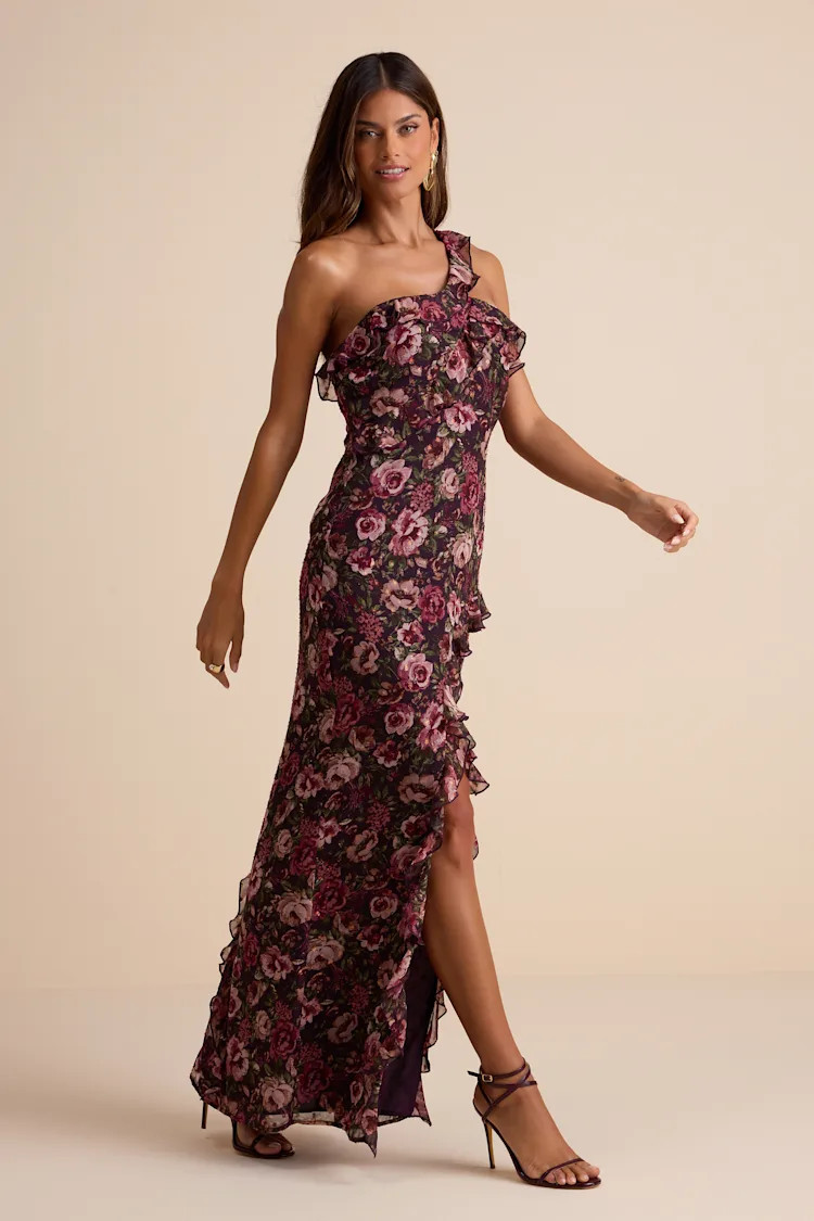Bonelle Plum Multi Floral Metallic Clip Dot Ruffled Maxi Dress | Lulus
