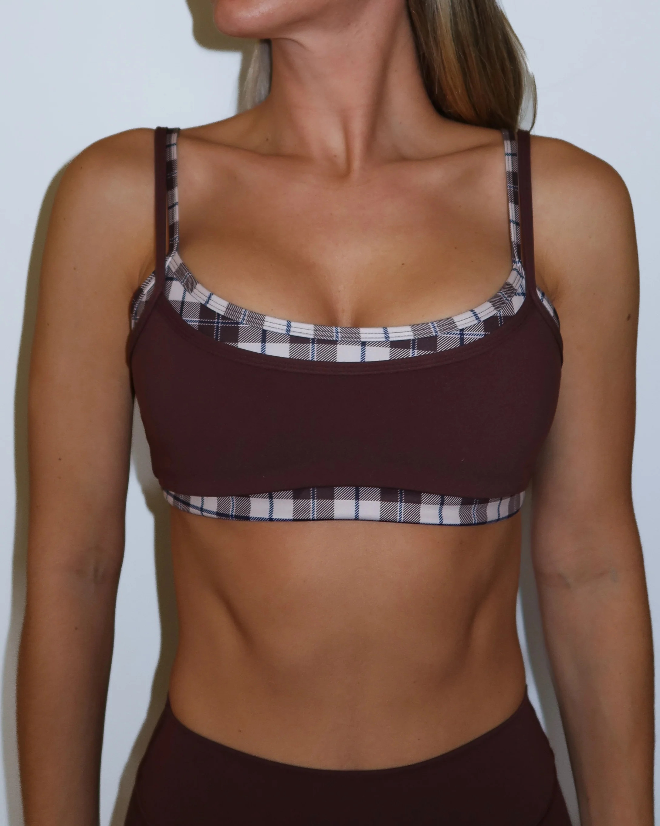 Double Layer Scoop Bra - Mocha Brown & Plaid | Liaison the Label