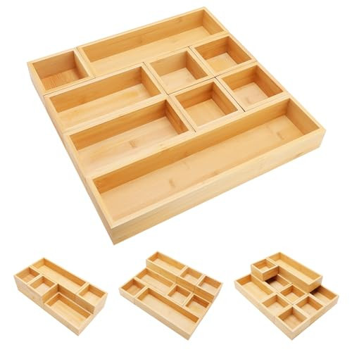 Bamboo Drawer Organizer Set, 9 PCS Multi-Use Individual Wood Storage Organizers, Junk Drawer Divider and Storage Trays Containers for Kitchen, Bathroom, Office Desk, Makeup, Jewelry, Utensils | Amazon (US)