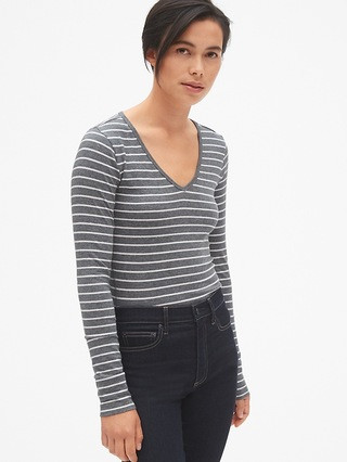 Gap Womens Featherweight Long Sleeve Stripe V-Neck T-Shirt Heather Grey Size XS | Gap US