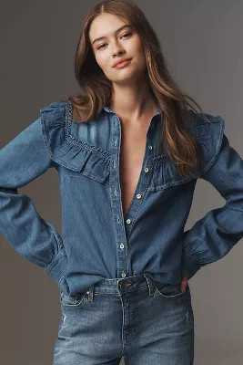Pilcro Ruffled Chambray Buttondown | Anthropologie (US)