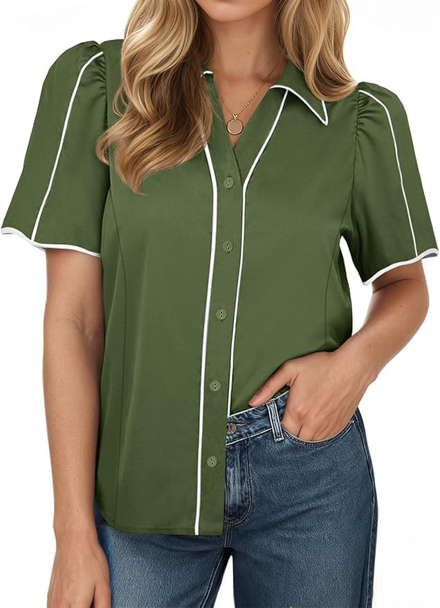 Tankaneo Womens Puff Short Sleeve Button Down Shirts Summer V Neck Color Block Tops Dressy Casual... | Amazon (US)