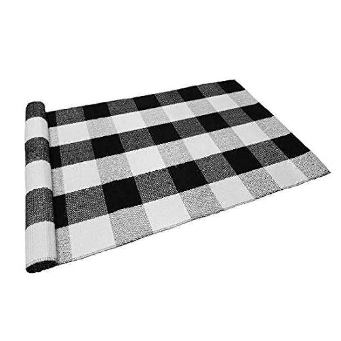 Levinis Black and White Plaid Rug 100% Cotton Porch Rugs Black/White Hand-woven Checkered Door Mat,  | Amazon (US)