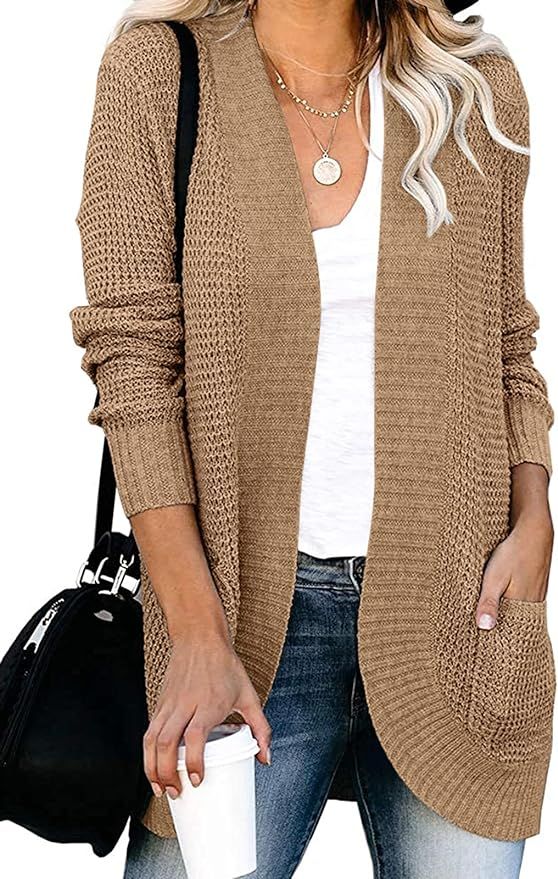 YIBOCK Womens Long Sleeve Open Front Waffle Chunky Knit Cardigan Sweater Outwear | Amazon (US)
