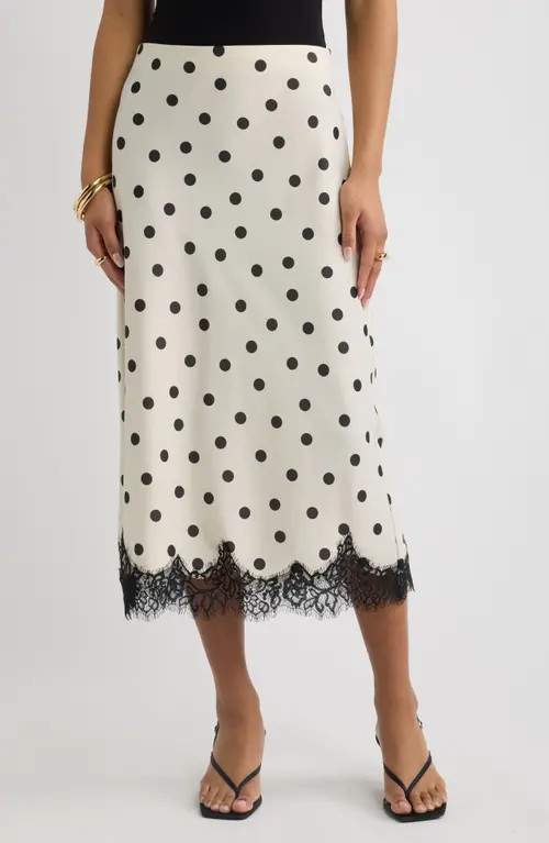 Open Edit Lace Trim Satin Midi Skirt in Ivory Black Dottie Dots at Nordstrom, Size Small | Nordstrom