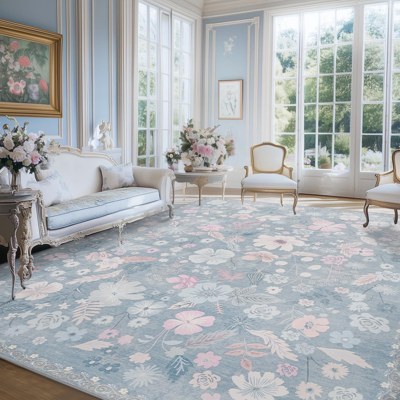 Blue Area Rugs 9x12 Living Room Floral Boho Vintage Machine Washable Area Rugs Stain Resistant Lo... | Amazon (US)