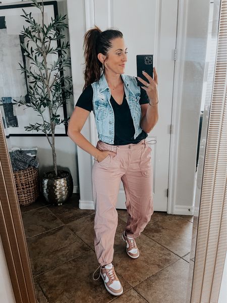Pale pink, parachute pants with drawstring hem to wear wide leg, or gathered! Wearing size small, under $20! They pair perfectly with my new Nike Dunks 🩷 denim vest (size small)
Casual spring style, spring outfit idea, Walmart fashion 

#LTKstyletip #LTKfindsunder50 #LTKsalealert