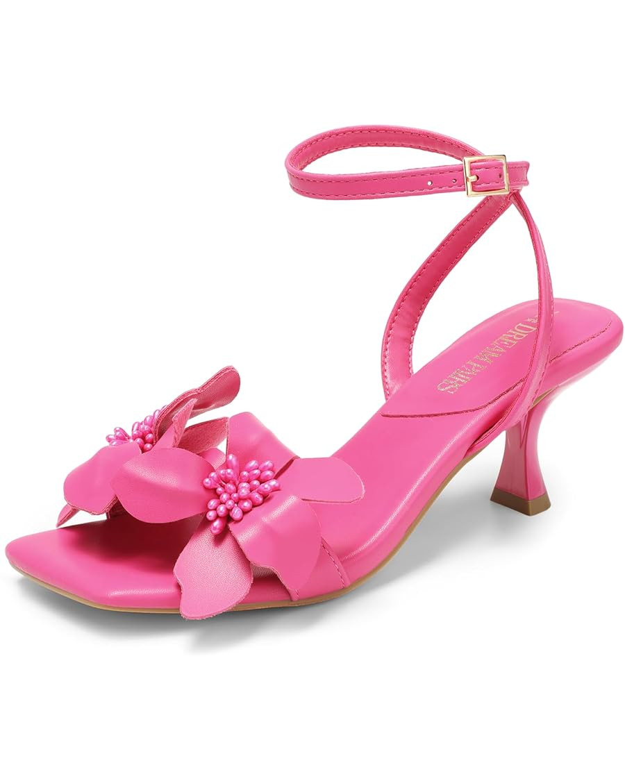 DREAM PAIRS Women's Flower Wedding Heels Cute Square Toe Slingback Low Kitten Heels Sandals with ... | Amazon (US)