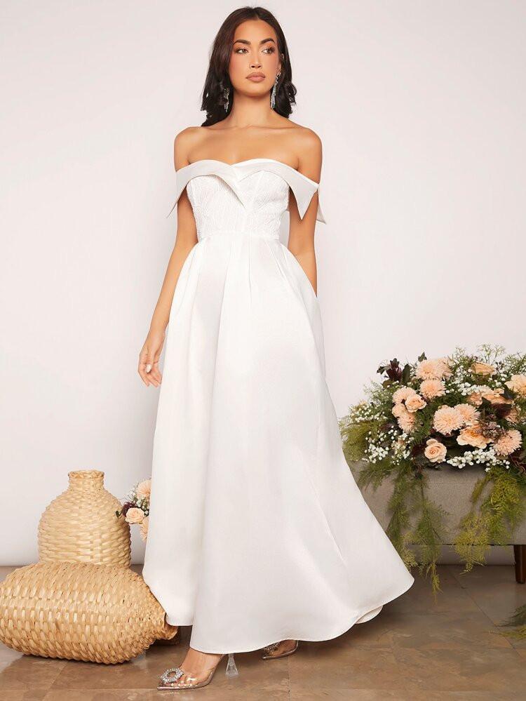 SHEIN Party Off Shoulder Zip Back Satin Wedding Dress | SHEIN