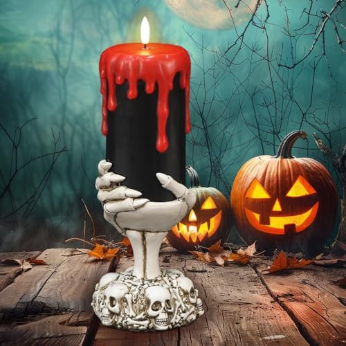 Eldnacele Halloween Flickering Flameless Candles Ghost Hand Candlesticks with Timer,Battery Operated with Red Blood Dripping 3D Wick Black Wax LED Pillar Candles Table Centerpiece Decor(4×11 Inches) | Amazon (US)