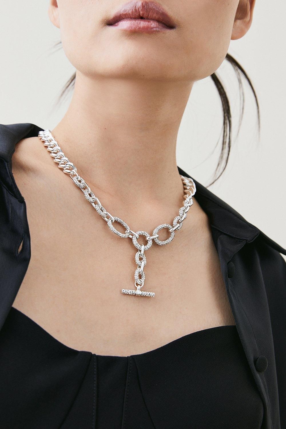 Silver Plated Chain Linked Diamante Necklace | Karen Millen US